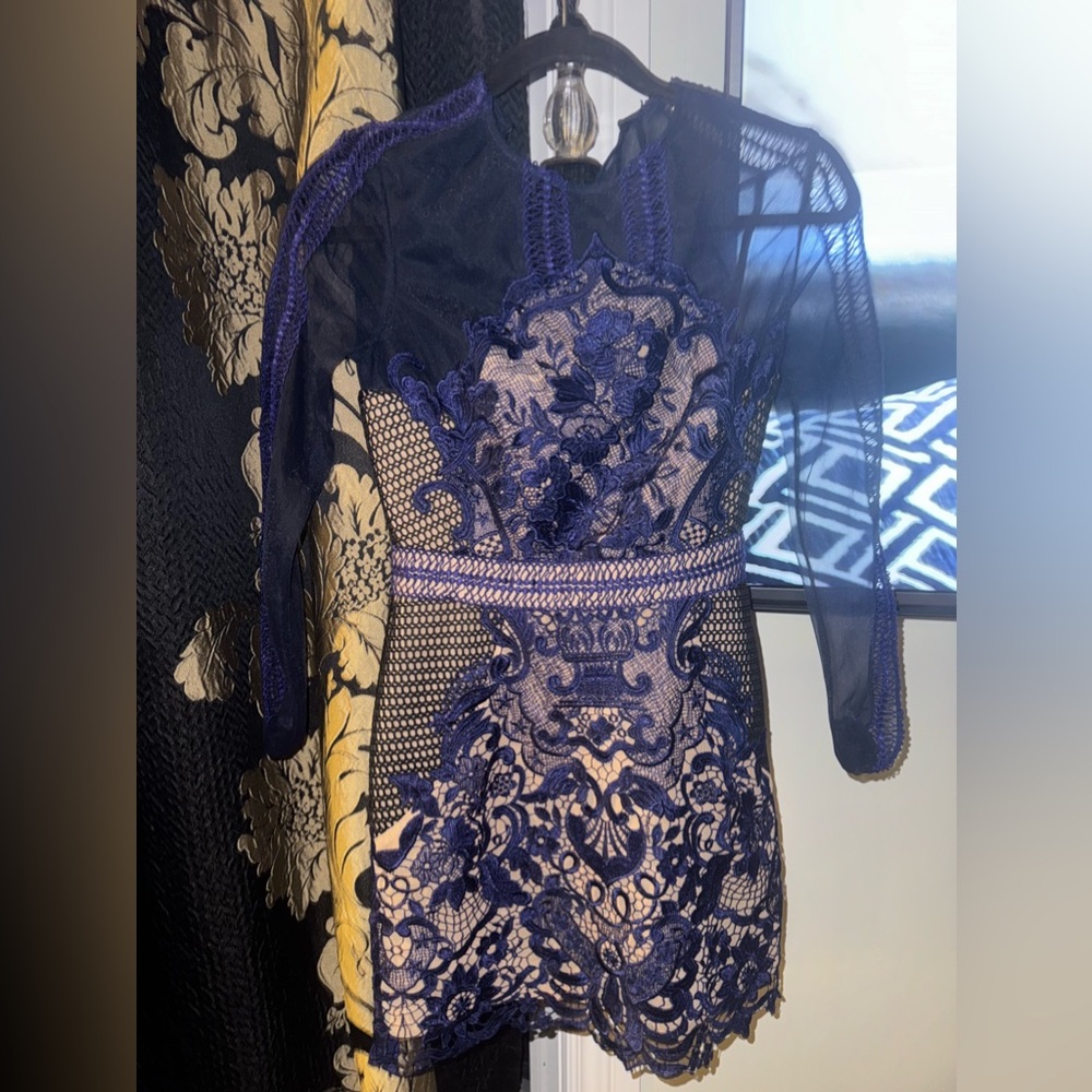 NWT Self-Portrait Blue  Guipure Lace Teardrop Paneled Dress -  Size XS  0-2.